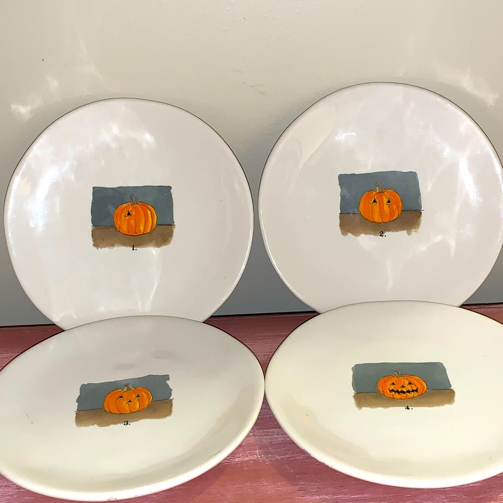 Rae Dunn Halloween Pumpkin Fall Snack Plates Ceramic Rare Set of 4 JackO lantern